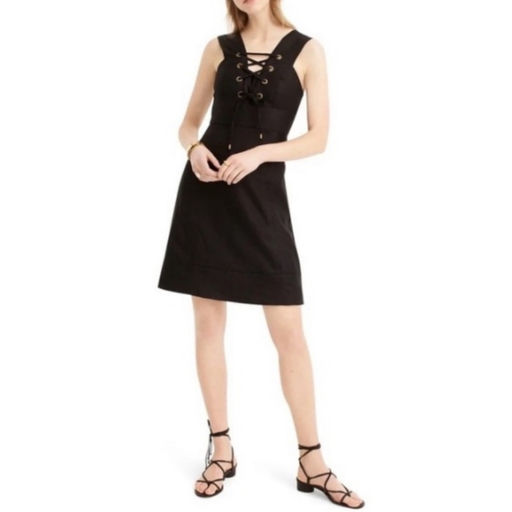 J. Crew Dress Women's 0 Black 100% Linen Lace Up Gothic Preppy Academia Y2K